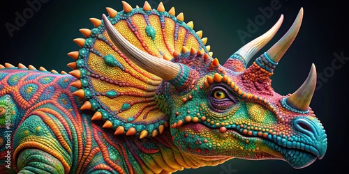 Close-up of a vibrant Triceratops dinosaur with three horns and intricate frill pattern, Triceratops photo