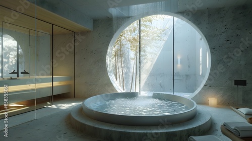 A modern bathroom with a large round window showcasing a serene outdoor view and a luxurious bathtub illuminated by natural light. photo