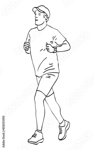 Casual citizen alone on wellness jogging, realistic contour drawing, vector hand drawn illustration isolated on white