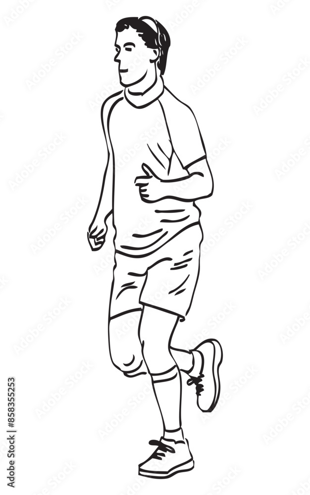 Casual young city man alone on wellness jogging, realistic contour drawing, vector hand drawn illustration isolated on white Casual young city man alone on wellness jogging, realistic contour drawing, vector hand drawn illustration isolated on white
