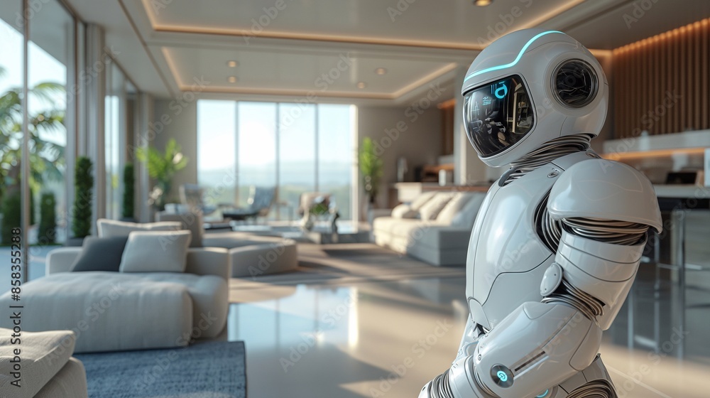 A humanoid robot in a sleek home interior. Modern design aesthetics, AI technology A humanoid robot in a sleek home interior. Modern design aesthetics, AI technology