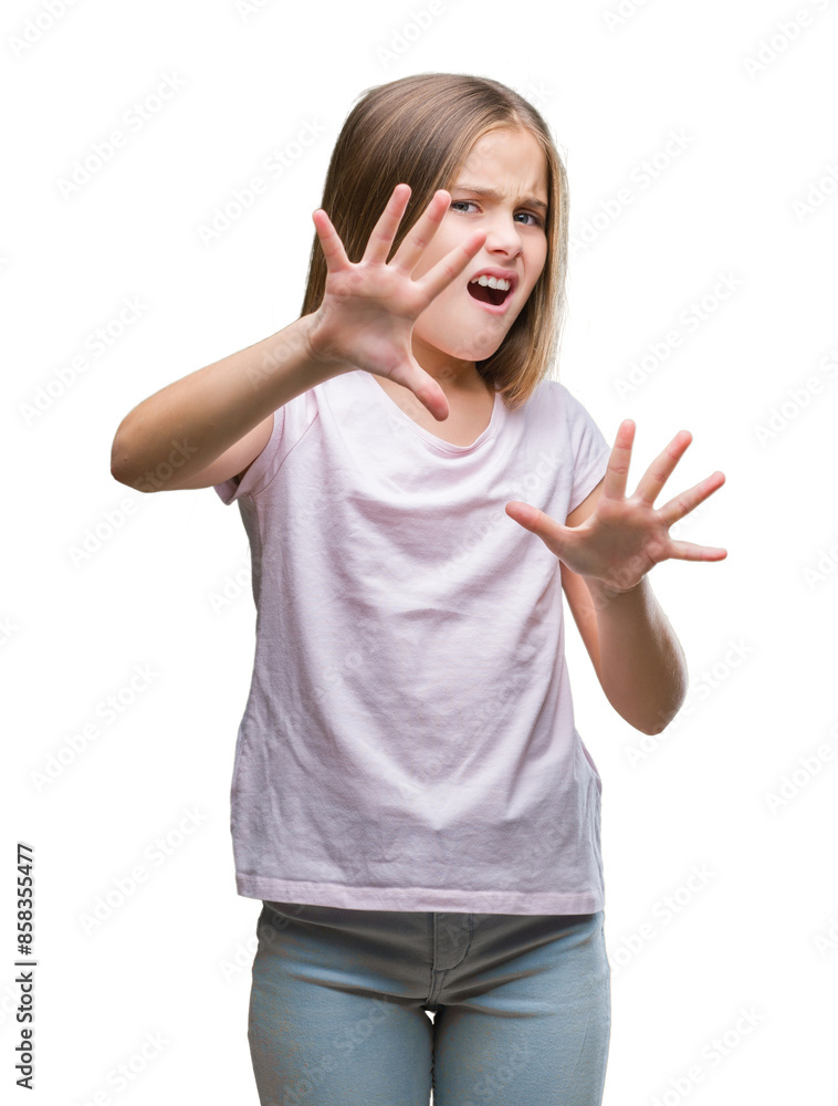 Young beautiful girl over isolated background afraid and terrified with fear expression stop gesture with hands, shouting in shock. Panic concept. Young beautiful girl over isolated background afraid and terrified with fear expression stop gesture with hands, shouting in shock. Panic concept.