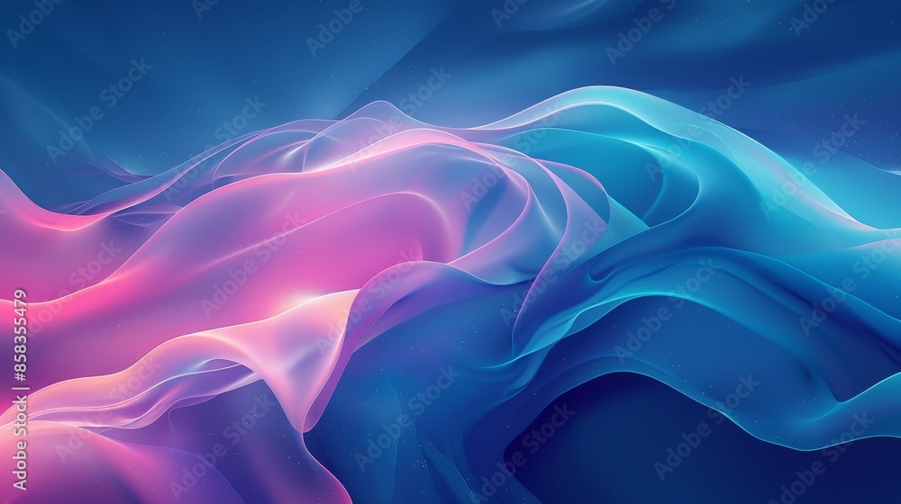 Obraz premium A serene abstract background featuring flowing waves in pink and blue gradients, creating a soothing and ethereal visual effect with soft transitions.