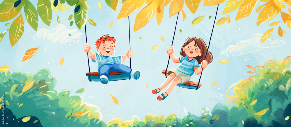 custom made wallpaper toronto digitalboy and a girl are joyfully swinging in summer park