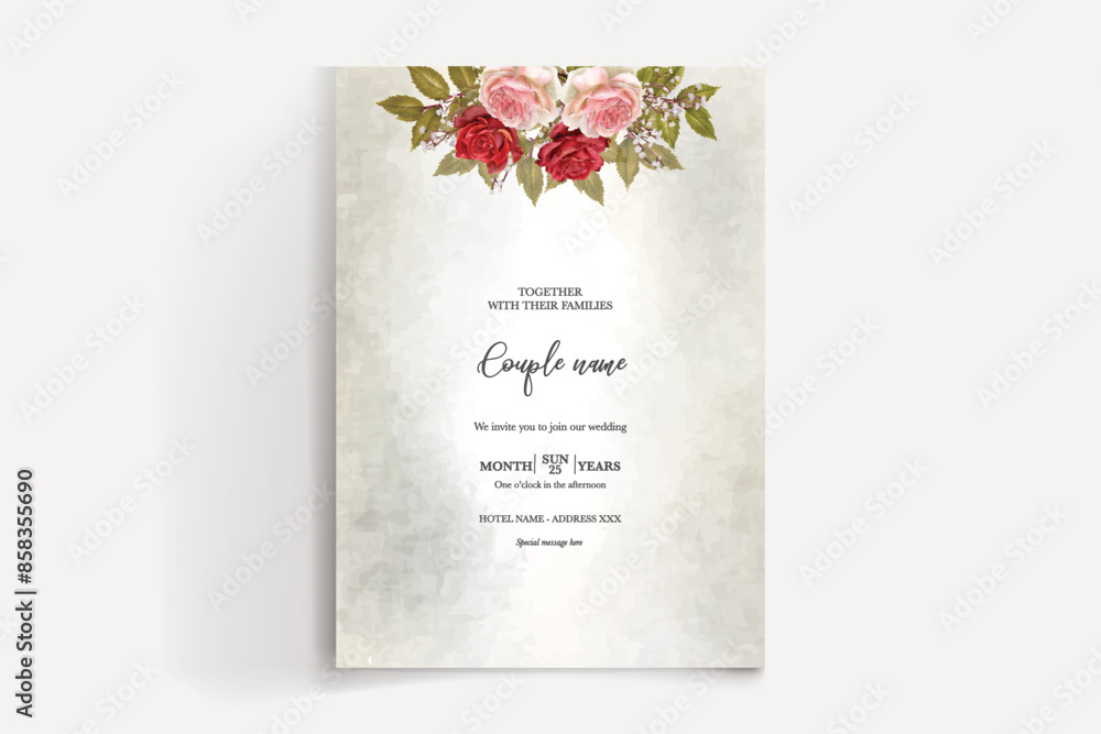WEDDING INVITATION FRAME WITH FLOWER DECORATIONS AND FRESH LEAVES WEDDING INVITATION FRAME WITH FLOWER DECORATIONS AND FRESH LEAVES