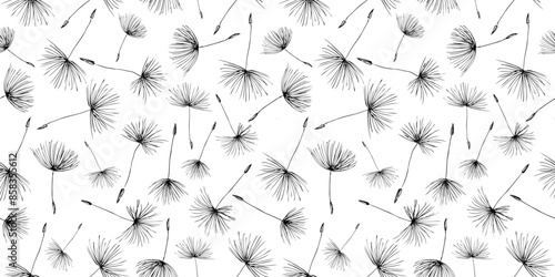 Seamless pattern of dandelions seeds sketches, vector hand drawn black and white background, paper, textile