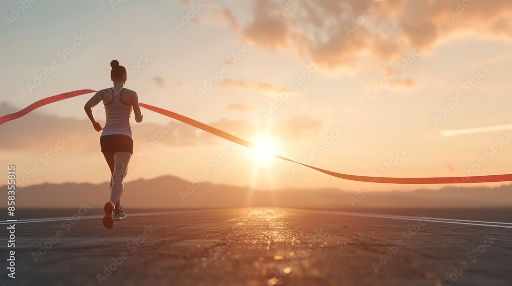 Fototapeta premium Runner crossing the finish line at sunrise, symbolizing achievement, victory, and the perseverance of personal goals.