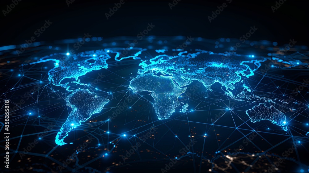 A high-tech depiction of a world map with glowing blue digital lines, symbolizing global communication, data transfer, and technological progress. A high-tech depiction of a world map with glowing blue digital lines, symbolizing global communication, data transfer, and technological progress.