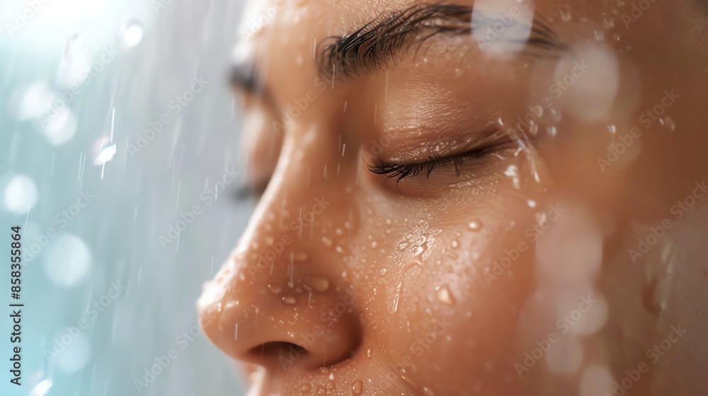 Serene close-up of a woman's face with droplets of water, creating a refreshing and calming atmosphere. Ideal for wellness and beauty concepts. Serene close-up of a woman's face with droplets of water, creating a refreshing and calming atmosphere. Ideal for wellness and beauty concepts.