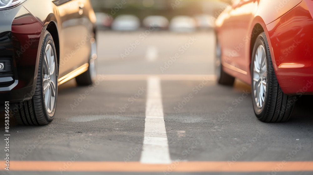 Two cars parked side by side in a parking lot, with a white line dividing the spaces at sunset. Two cars parked side by side in a parking lot, with a white line dividing the spaces at sunset.