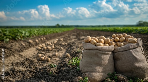 Freshly harvested potatoes in burlap sacks on fertile farmland