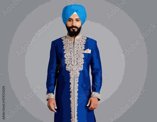 Indian man with beard, dressed in blue traditional shervani clothing, points with his hands to sides
