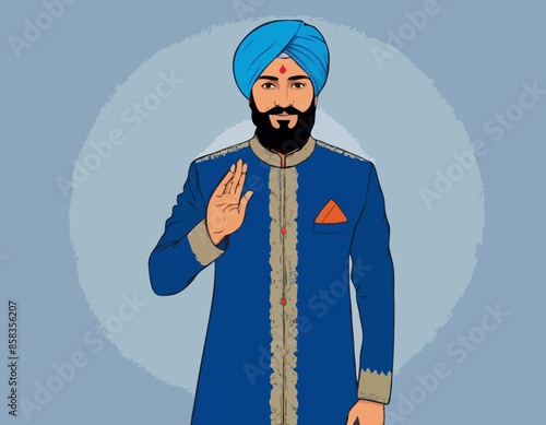 Indian man with beard, dressed in blue traditional shervani clothing, points with his hands to sides