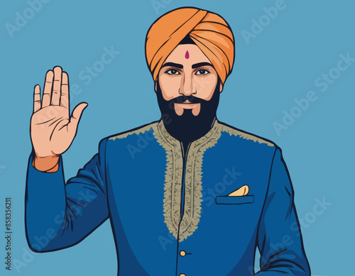 Indian man with beard, dressed in blue traditional shervani clothing, points with his hands to sides