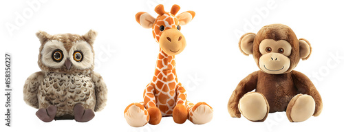 Three plush toys: an adorable owl, a cute giraffe, and a friendly monkey, sitting side by side. Isolated on transparent background.	