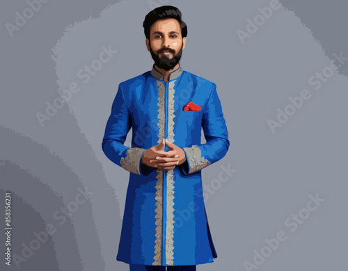 Indian man with beard, dressed in blue traditional shervani clothing, points with his hands to sides