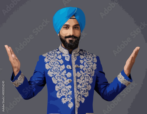 Indian man with beard, dressed in blue traditional shervani clothing, points with his hands to sides