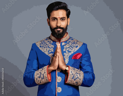 Indian man with beard, dressed in blue traditional shervani clothing, points with his hands to sides