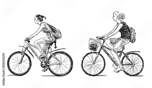 Two young modern city cyclists girls riding bicycle, realistic profile sketch, vector hand drawing isolated on white