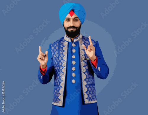 Indian man with beard, dressed in blue traditional shervani clothing, points with his hands to sides