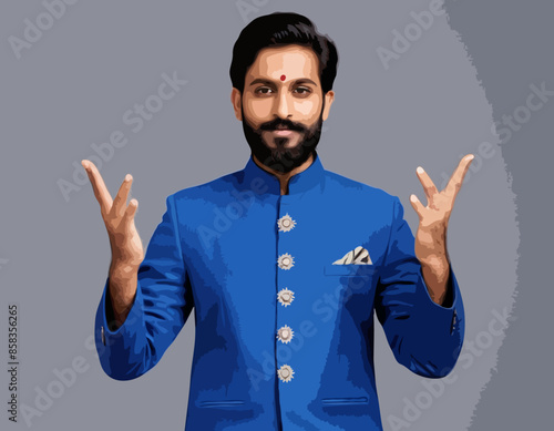 Indian man with beard, dressed in blue traditional shervani clothing, points with his hands to sides