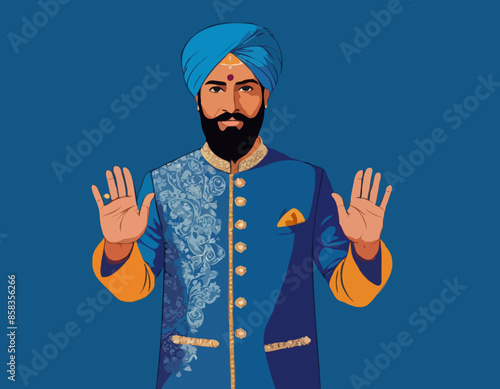 Indian man with beard, dressed in blue traditional shervani clothing, points with his hands to sides