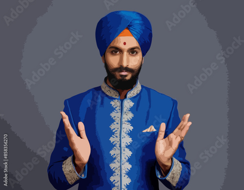 Indian man with beard, dressed in blue traditional shervani clothing, points with his hands to sides