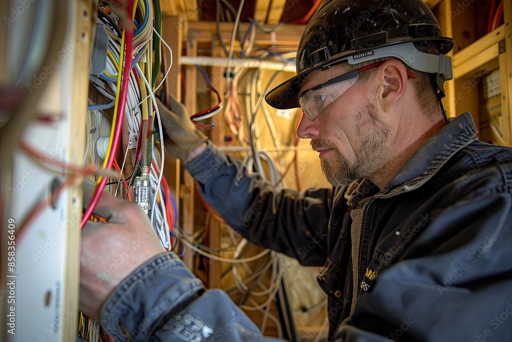 A close-up image of an electrician working on electrical wiring in an open wall. The electrician is wearing safety gear and using tools to connect wires. Generative AI A close-up image of an electrician working on electrical wiring in an open wall. The electrician is wearing safety gear and using tools to connect wires. Generative AI