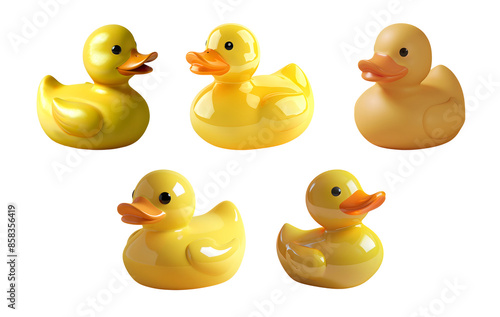 Five yellow rubber ducks with shiny surfaces, sitting in different poses. Isolated on transparent background.