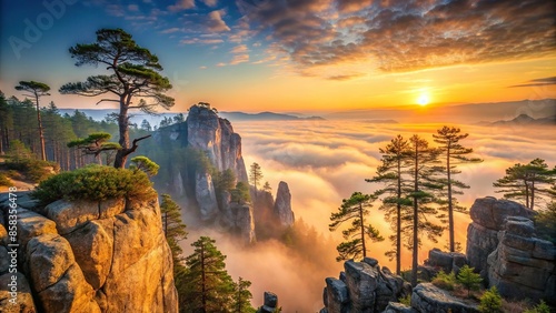 Mystical morning glow over rocky cliffs and shady pines in dreamland, mystical, morning glow, rocky cliffs, shady pines photo