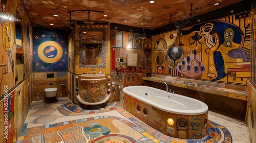 An opulent bathroom adorned with colorful mosaic tiles and artistic murals creating a luxurious ambiance.