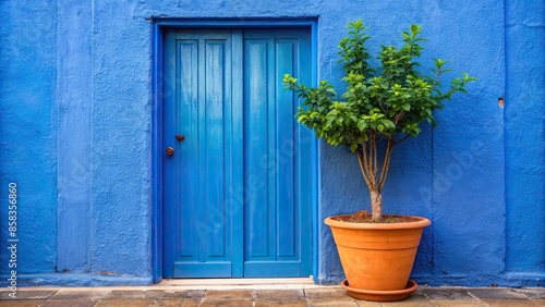 Potted plant in front of blue door , potted plant, blue door, exterior, home decor, garden, entrance, summer, welcoming © Woonsen