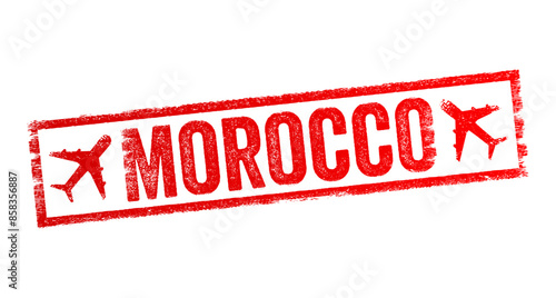 Morocco - a North African country bordering the Atlantic Ocean and Mediterranean Sea, text emblem stamp with airplane