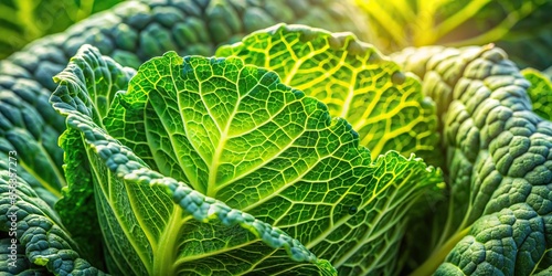 Vibrant, detailed photo of textured savoy cabbage leaves in sunlight, symbolizing nourishment and growth , savoy cabbage photo