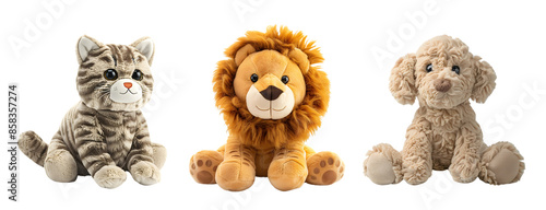 Three plush toys: a striped cat, a majestic lion, and a fluffy dog, sitting side by side. Isolated on transparent background.