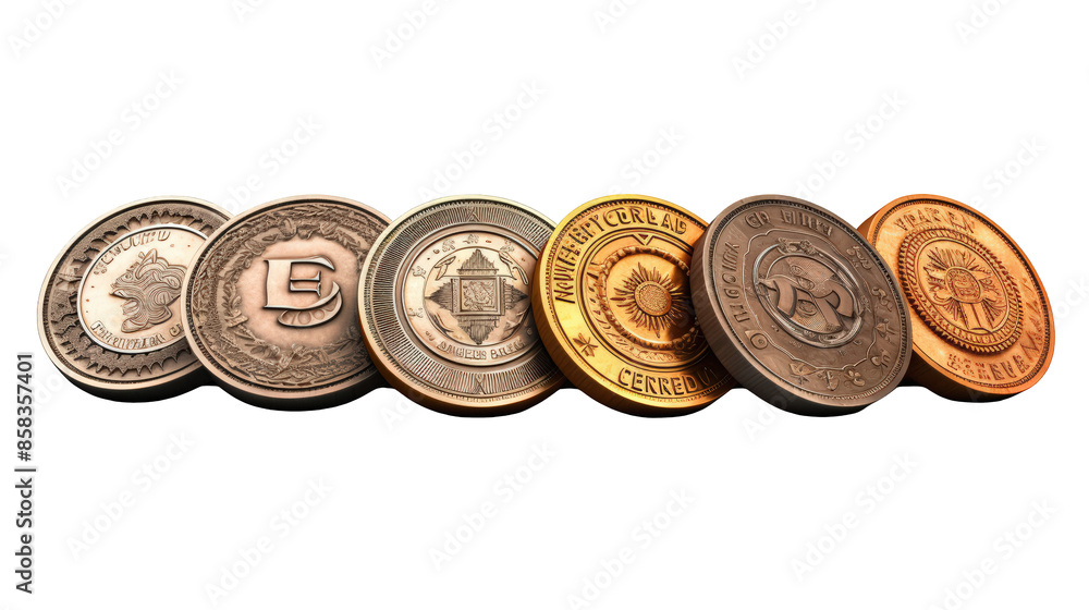 A row of six gold and silver coins with different designs. A row of six gold and silver coins with different designs.