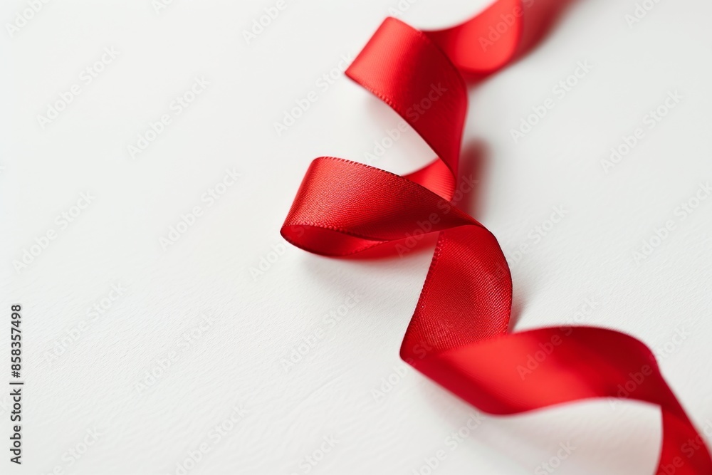 Red ribbon curls elegantly on a white background, perfect for holiday projects Red ribbon curls elegantly on a white background, perfect for holiday projects
