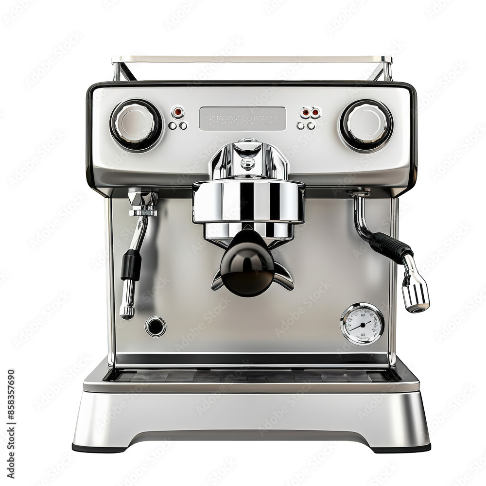 © KanitChurem - A sleek, modern espresso machine with chrome accents, ready to brew the perfect cup of coffee.