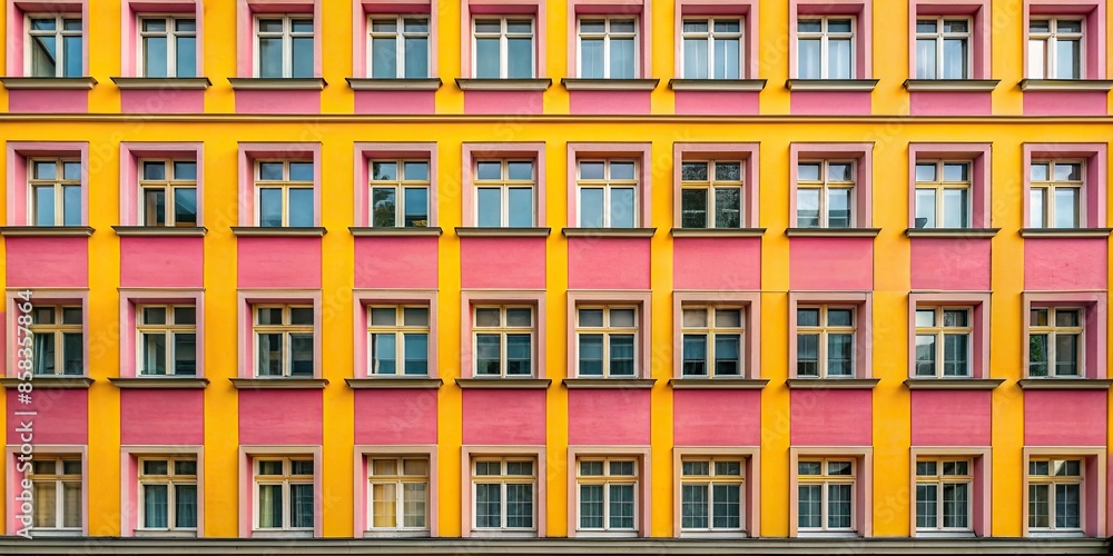 Pink and yellow building with numerous windows, architecture, colorful, vibrant, urban, exterior, structure, facade, design