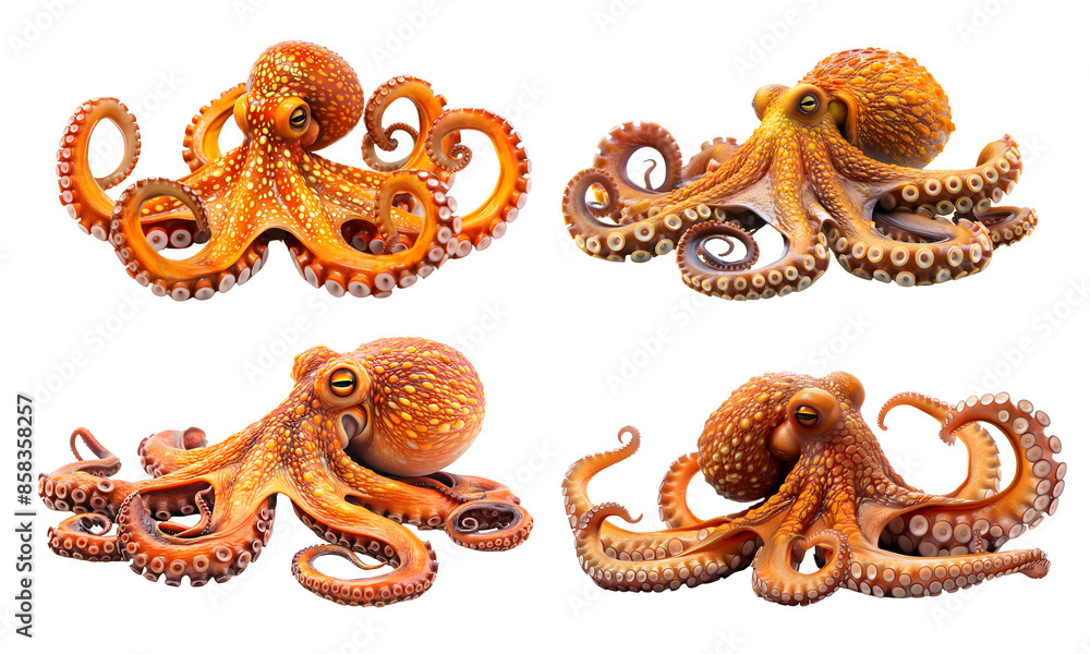 Fototapeta premium Four vibrant orange octopuses with detailed textures and dynamic poses, isolated against a white background, showcasing their tentacles.