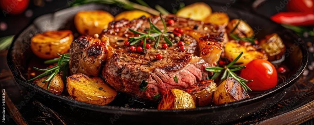 Delicious grilled steak with roasted potatoes and cherry tomatoes seasoned with fresh herbs on a black plate. Delicious grilled steak with roasted potatoes and cherry tomatoes seasoned with fresh herbs on a black plate.