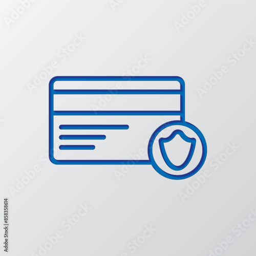 Credit card, shield, protection simple icon vector. Flat design. Paper cut design. Cutted blue symbol with shadow. Gray background