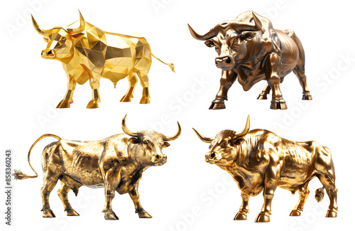 Four golden bull sculptures in varying styles, showcasing intricate details and majestic poses. Isolated on transparent background.
