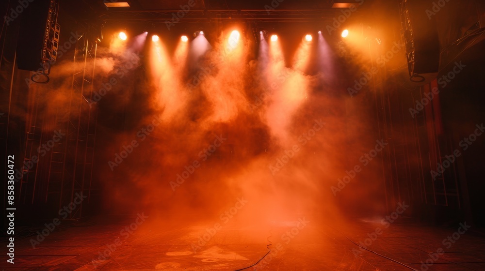 Fototapeta premium Stage Lights and Smoke - Orange Haze and Stage Floor
