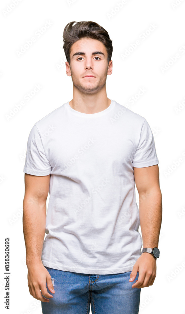 Young handsome man wearing white t-shirt over isolated background Relaxed with serious expression on face. Simple and natural looking at the camera.