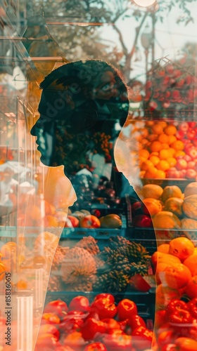 Full body of a man selling fruits at a market, close up, focus on, copy space, vivid and dynamic colors, Double exposure silhouette with market stalls