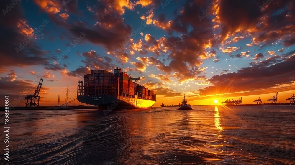 An action shot of a container ship entering or leaving a port, with tugboats assisting in maneuvering the massive vessel, against a vibrant sunset or sunrise sky An action shot of a container ship entering or leaving a port, with tugboats assisting in maneuvering the massive vessel, against a vibrant sunset or sunrise sky