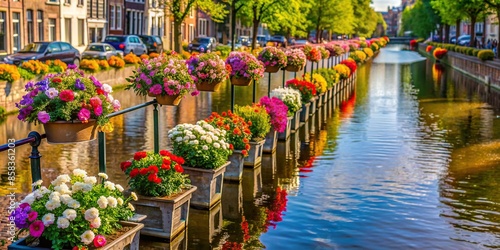 Geometric flower arrangements along a canal , petunias, cinerarias, salvias, nasturtiums, canal, flowers, geometric photo