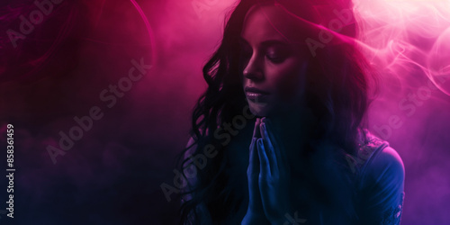 Latina woman praying. Unique prayer concept with a fantasy vibrant ethereal colorful approach. Conceptual image of prayer and thankfulness. With copy space. Glowing light of god.