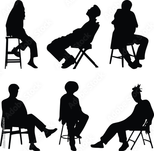 flat silhouettes of people sitting on chairs with transparent background, named, organized and editable layers